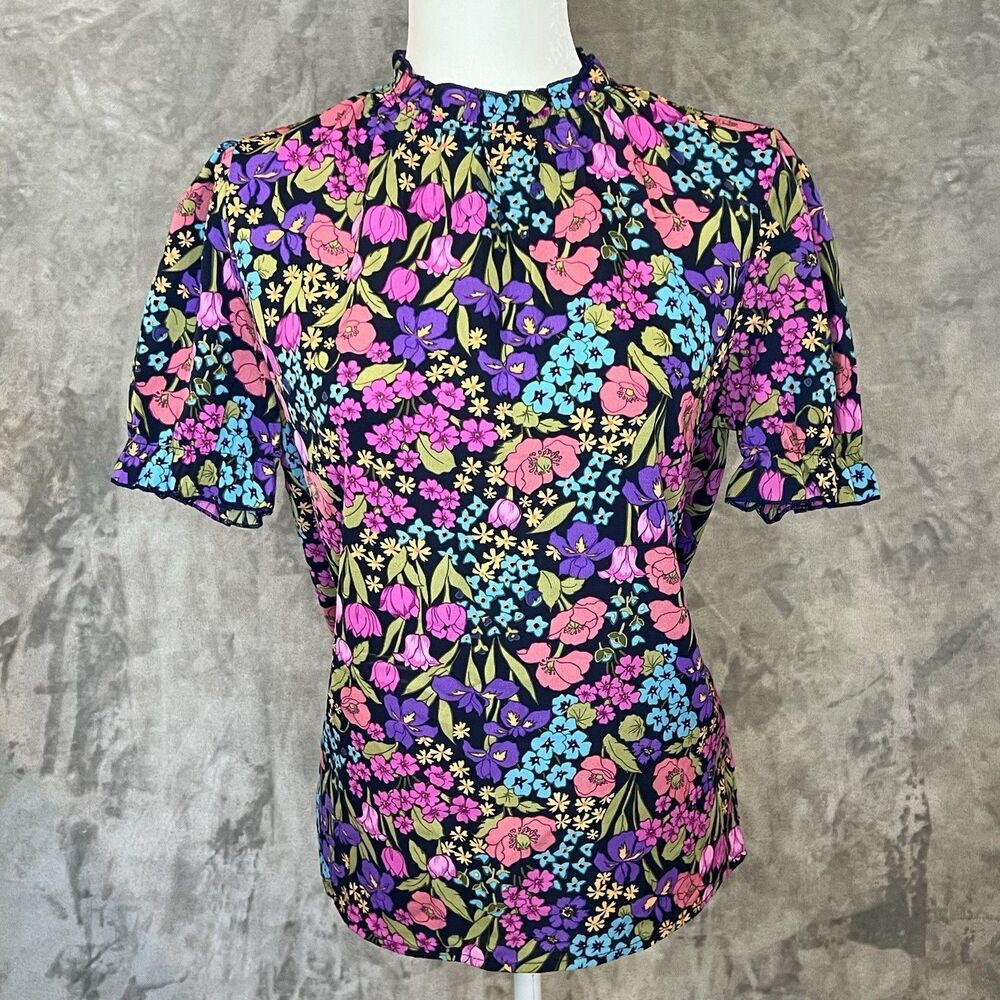 Dazign Floral Print Elastic Sleeves Gathered Neckline Lightweight Blouse Size L